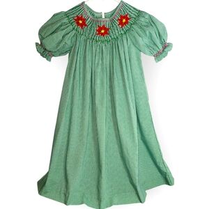 Mom & Me Short Sleeve Holiday Embroidered Poinsettia Smocked Gingham Dress 3T